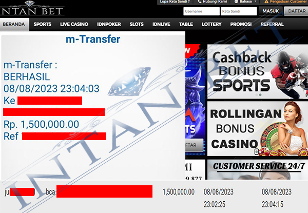 Bukti Kemenangan WD IDR 1.500.000 | Intanbet