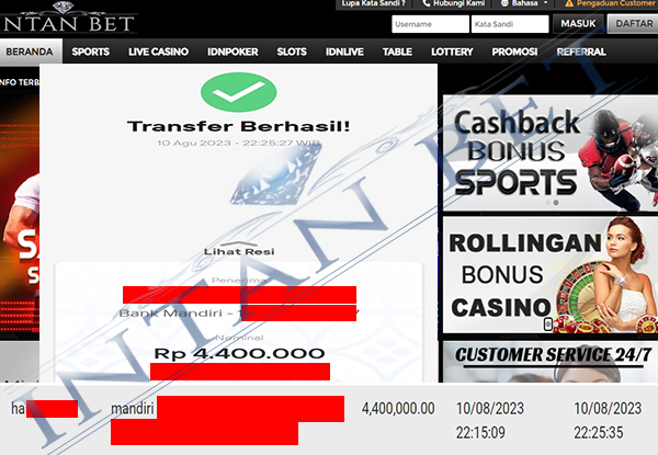 Bukti Kemenangan WD IDR 4.400.000 | Intanbet