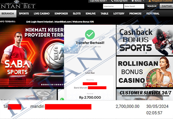 Bukti Kemenangan WD IDR 2.700.000 | Intanbet