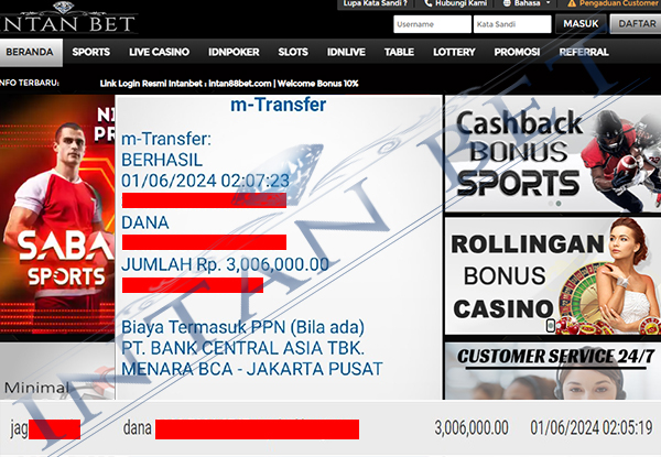 Bukti Kemenangan WD IDR 3.006.000 | Intanbet