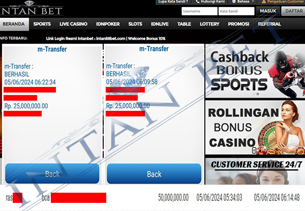 Bukti Kemenangan WD IDR 50.000.000 | Intanbet