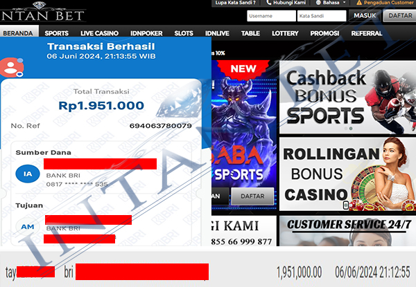 Bukti Kemenangan WD IDR 1.951.000 | Intanbet