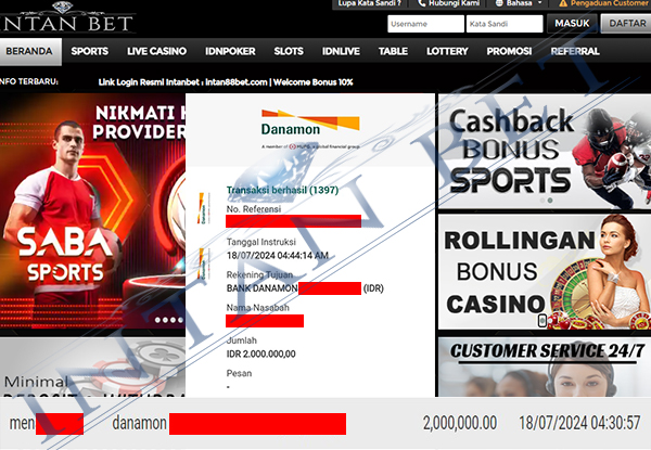 Bukti Kemenangan WD IDR 2.000.000 | Intanbet