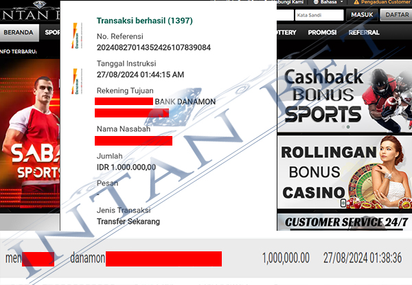 Bukti Kemenangan WD IDR 1.000.000| Intanbet