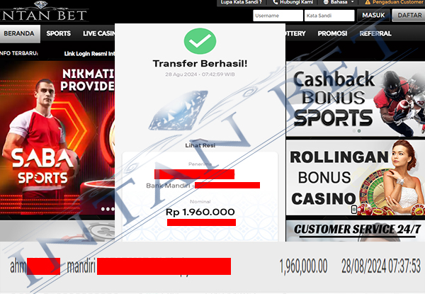 Bukti Kemenangan WD IDR 1.960.000| Intanbet