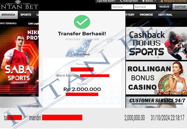 Bukti Kemenangan WD IDR 2.000.000| Intanbet