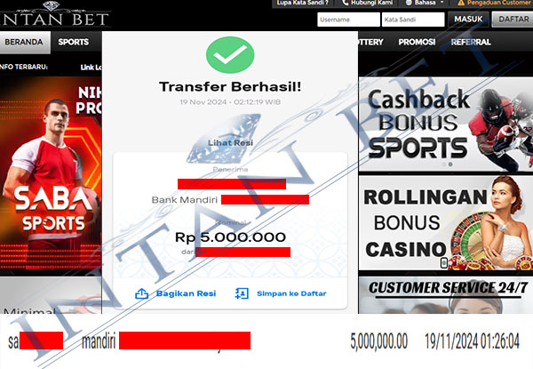 Bukti Kemenangan WD IDR 5.000.000 | Intanbet