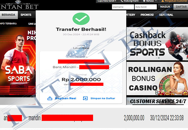 Bukti Kemenangan WD IDR 2.000.000 | Intanbet