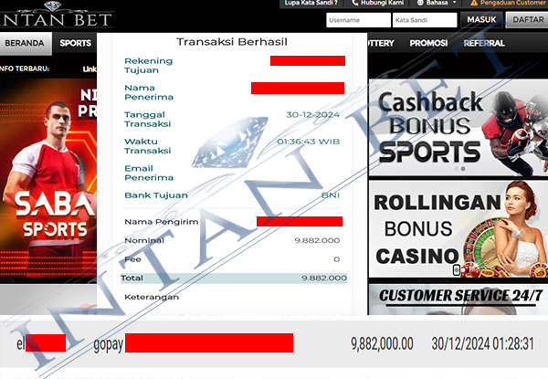 Bukti Kemenangan WD IDR 9.882.000 | Intanbet