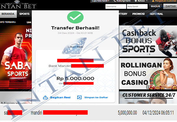 Bukti Kemenangan WD IDR 5.000.000 | Intanbet