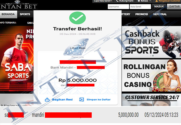 Bukti Kemenangan WD IDR 5.000.000 | Intanbet