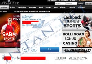 Bukti Kemenangan WD IDR 1.000.000 | Intanbet