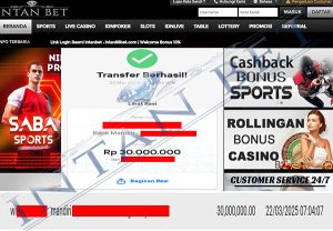 Bukti Kemenangan WD IDR 30.000.000 | Intanbet
