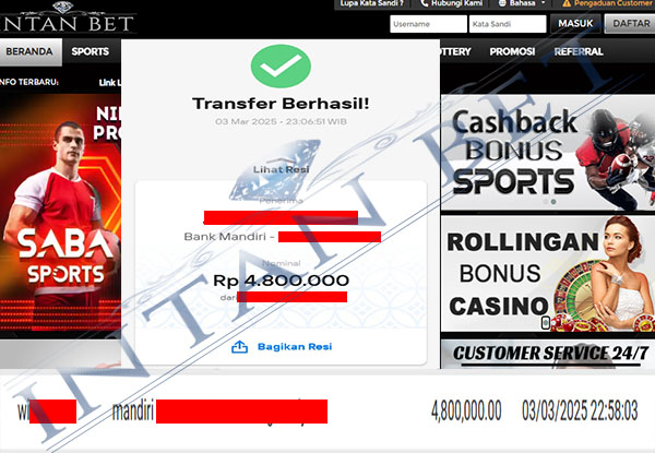 Bukti Kemenangan WD IDR 4.800.000 | Intanbet