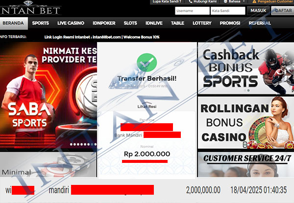 Bukti Kemenangan WD IDR 2.000.000 | Intanbet