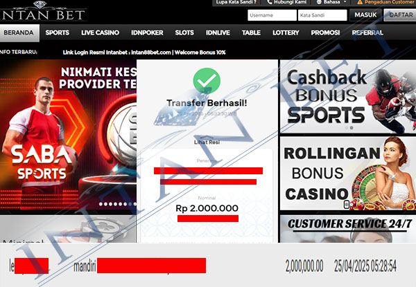 Bukti Kemenangan WD IDR 2.000.000 | Intanbet