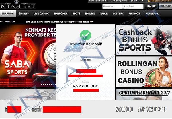 Bukti Kemenangan WD IDR 2.600.000 | Intanbet