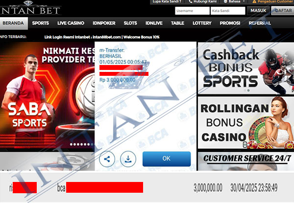 Bukti Kemenangan WD IDR 3.000.000 | Intanbet