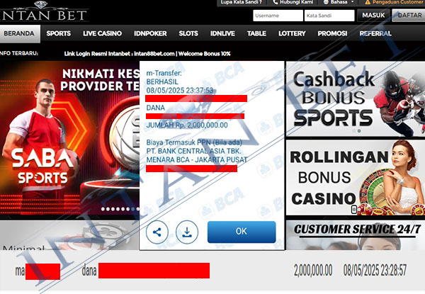 Bukti Kemenangan WD IDR 2.000.000 | Intanbet