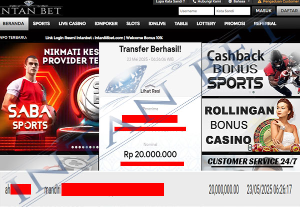 Bukti Kemenangan WD IDR 20.000.000 | Intanbet