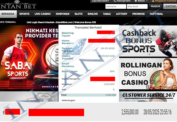 Bukti Kemenangan WD IDR 2.555.000 | Intanbet