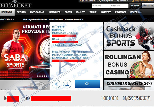 Bukti Kemenangan WD IDR 1.000.000 | Intanbet