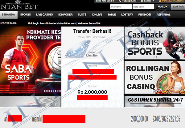 Bukti Kemenangan WD IDR 2.000.000 | Intanbet