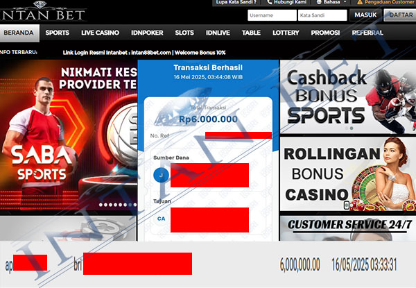 Bukti Kemenangan WD IDR 6.000.000 | Intanbet