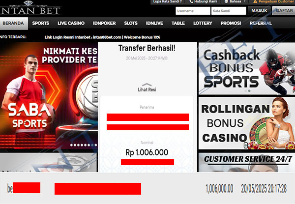 Bukti Kemenangan WD IDR 1.006.000 | Intanbet