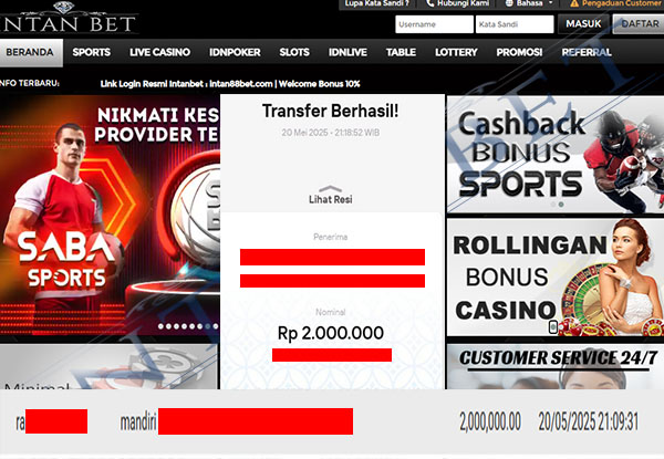 Bukti Kemenangan WD IDR 2.000.000 | Intanbet
