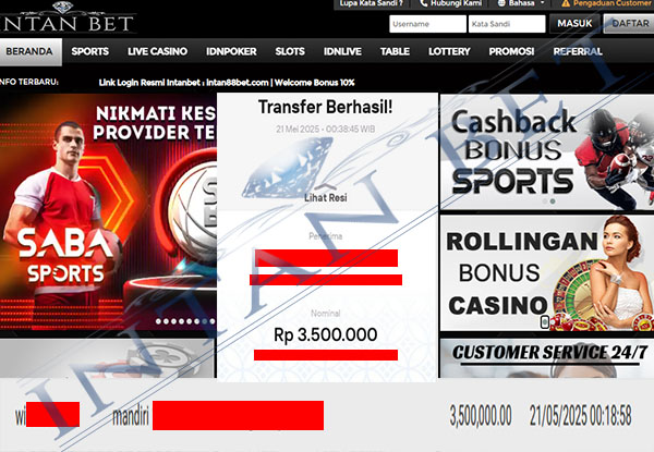 Bukti Kemenangan WD IDR 3.500.000 | Intanbet