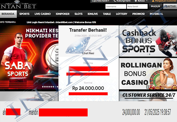 Bukti Kemenangan WD IDR 24.000.000 | Intanbet
