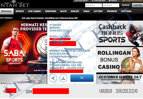 Bukti Kemenangan WD IDR 1.400.000 | Intanbet