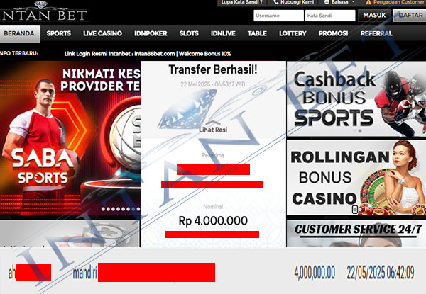 Bukti Kemenangan WD IDR 4.000.000 | Intanbet