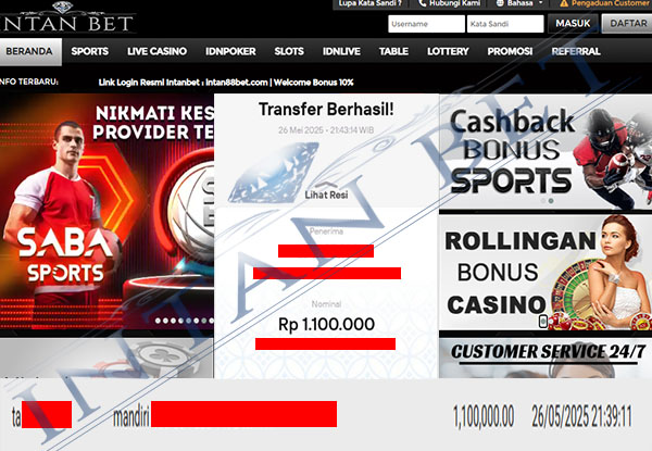 Bukti Kemenangan WD IDR 1.100.000 | Intanbet
