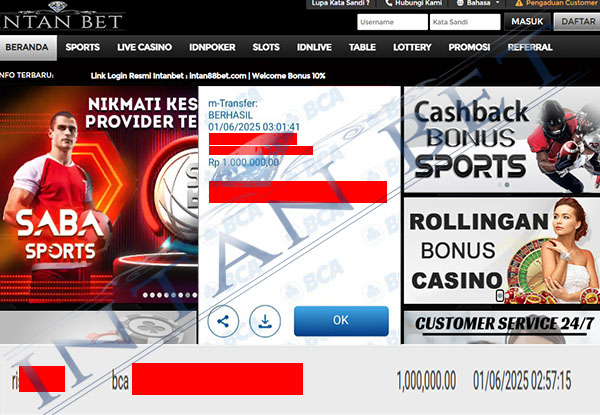 Bukti Kemenangan WD IDR 1.000.000 | Intanbet