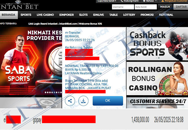 Bukti Kemenangan WD IDR 1.438.000 | Intanbet