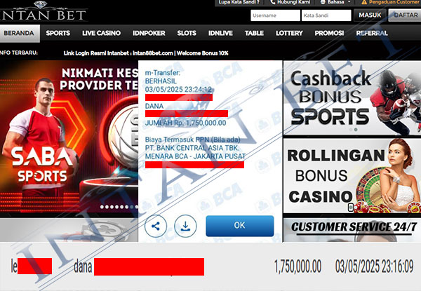 Bukti Kemenangan WD IDR 1.750.000 | Intanbet