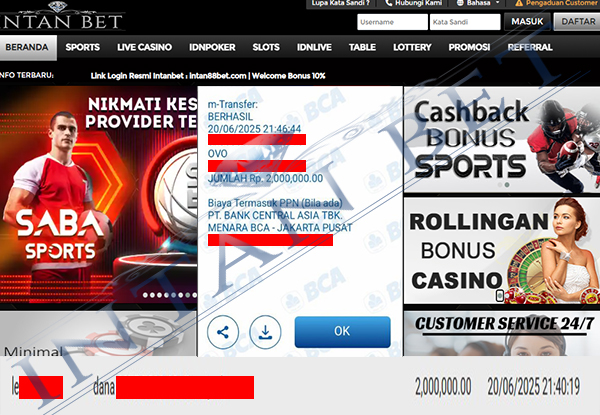 Bukti Kemenangan WD IDR 2.000.000 | Intanbet