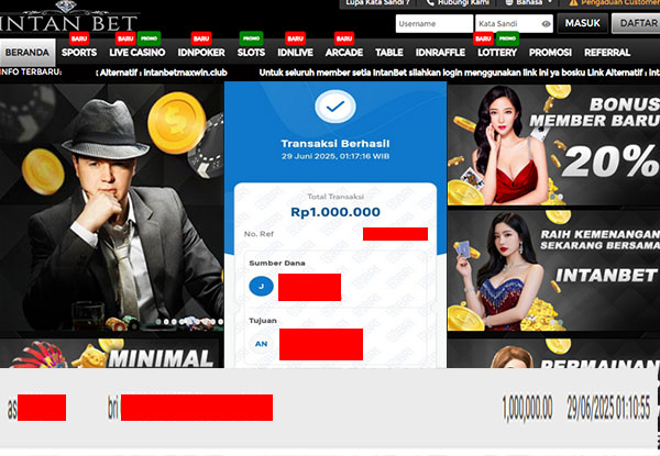 Bukti Kemenangan WD IDR 1.000.000 | Intanbet