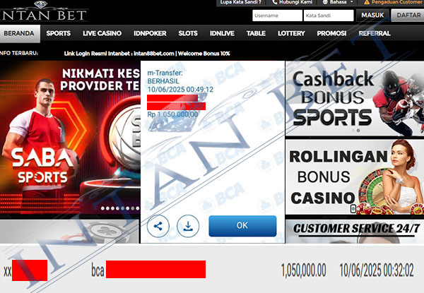 Bukti Kemenangan WD IDR 1.050.000 | Intanbet