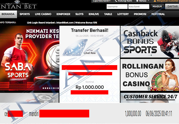 Bukti Kemenangan WD IDR 1.000.000 | Intanbet