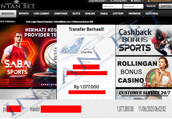 Bukti Kemenangan WD IDR 1.077.000 | Intanbet