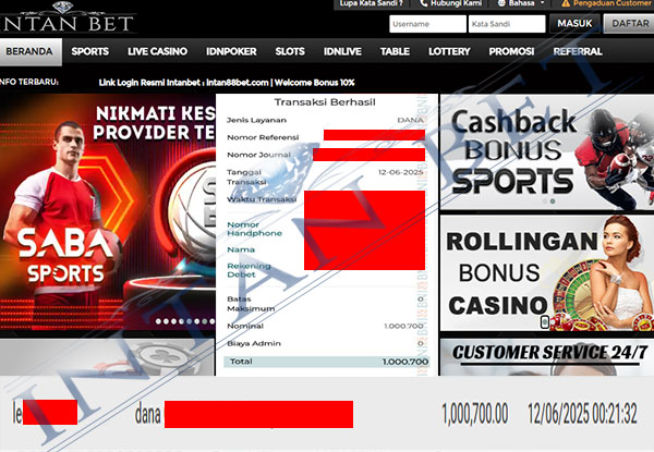 Bukti Kemenangan WD IDR 1.000.700 | Intanbet