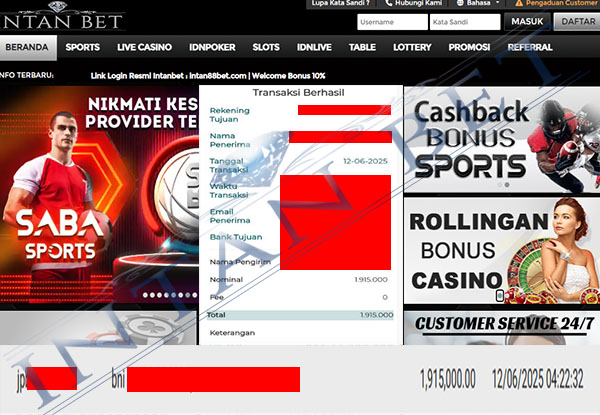 Bukti Kemenangan WD IDR 1.915.000 | Intanbet