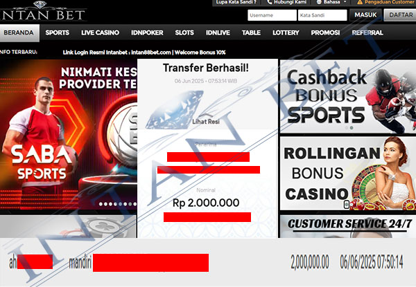 Bukti Kemenangan WD IDR 2.000.000 | Intanbet
