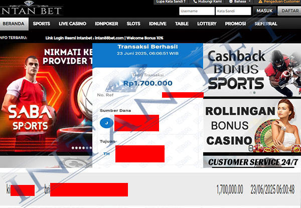 Bukti Kemenangan WD IDR 1.700.000 | Intanbet
