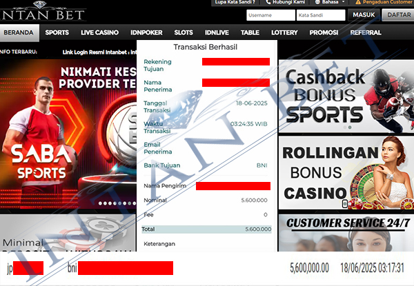 Bukti Kemenangan WD IDR 5.600.000 | Intanbet