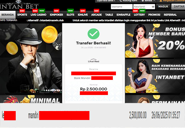 Bukti Kemenangan WD IDR 2.500.000 | Intanbet