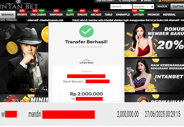 Bukti Kemenangan WD IDR 2.500.000 | Intanbet